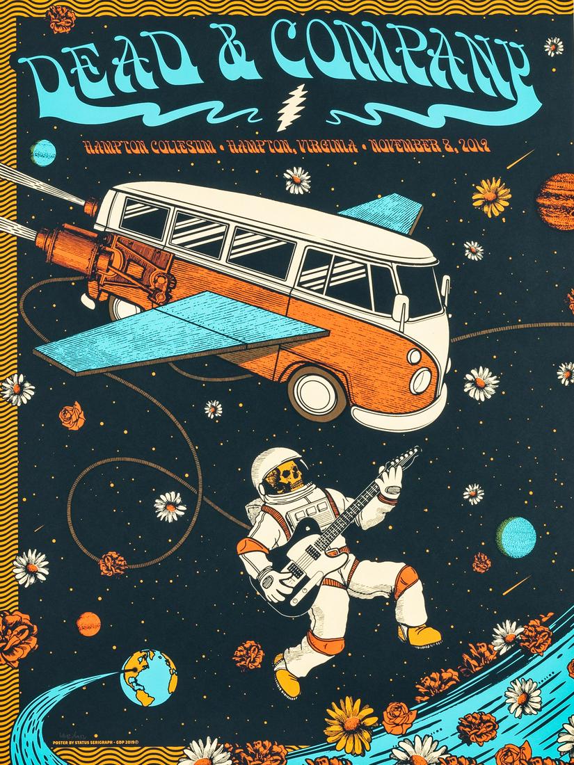 DEAD AND COMPANY GRATEFUL DEAD POSTER JUSTIN HELTON: Merch table tour poster from the Dead and Company's 2019 tour, for the show in Hampton, Virginia on November 8, 2019, artwork by Justin Helton, Status Serigraph, 442/450, 23.25 x 18 inches. Very good.