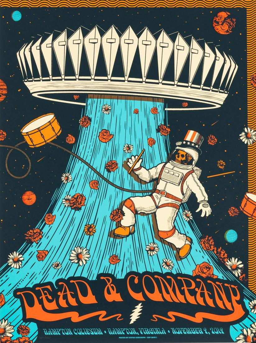 DEAD AND COMPANY GRATEFUL DEAD POSTER JUSTIN HELTON: Merch table tour poster from the Dead and Company's 2019 tour, for the show in Hampton, Virginia on November 9, 2019, artwork by Justin Helton, Status Serigraph, 413/450, 23.25 x 18 inches. Very good.