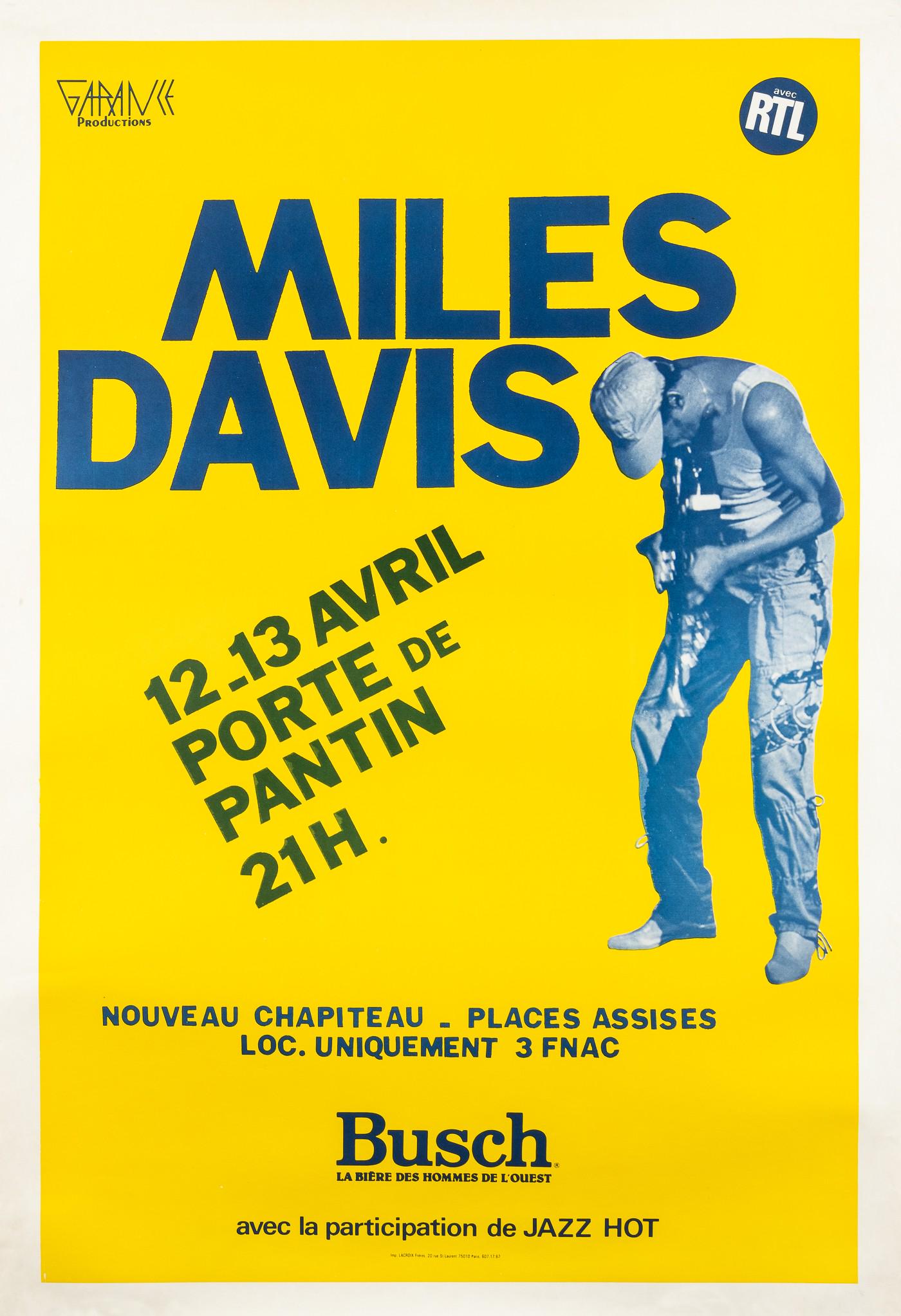 MILES DAVIS CONCERT POSTER 1983 POSTER: Conceret poster 'Miles Davis 12-13 April Porte De Panthin 21H', Garance Productions, avec RTL, Imp. La Croix, linen-backed, 1983, 50.25 x 34 inches.