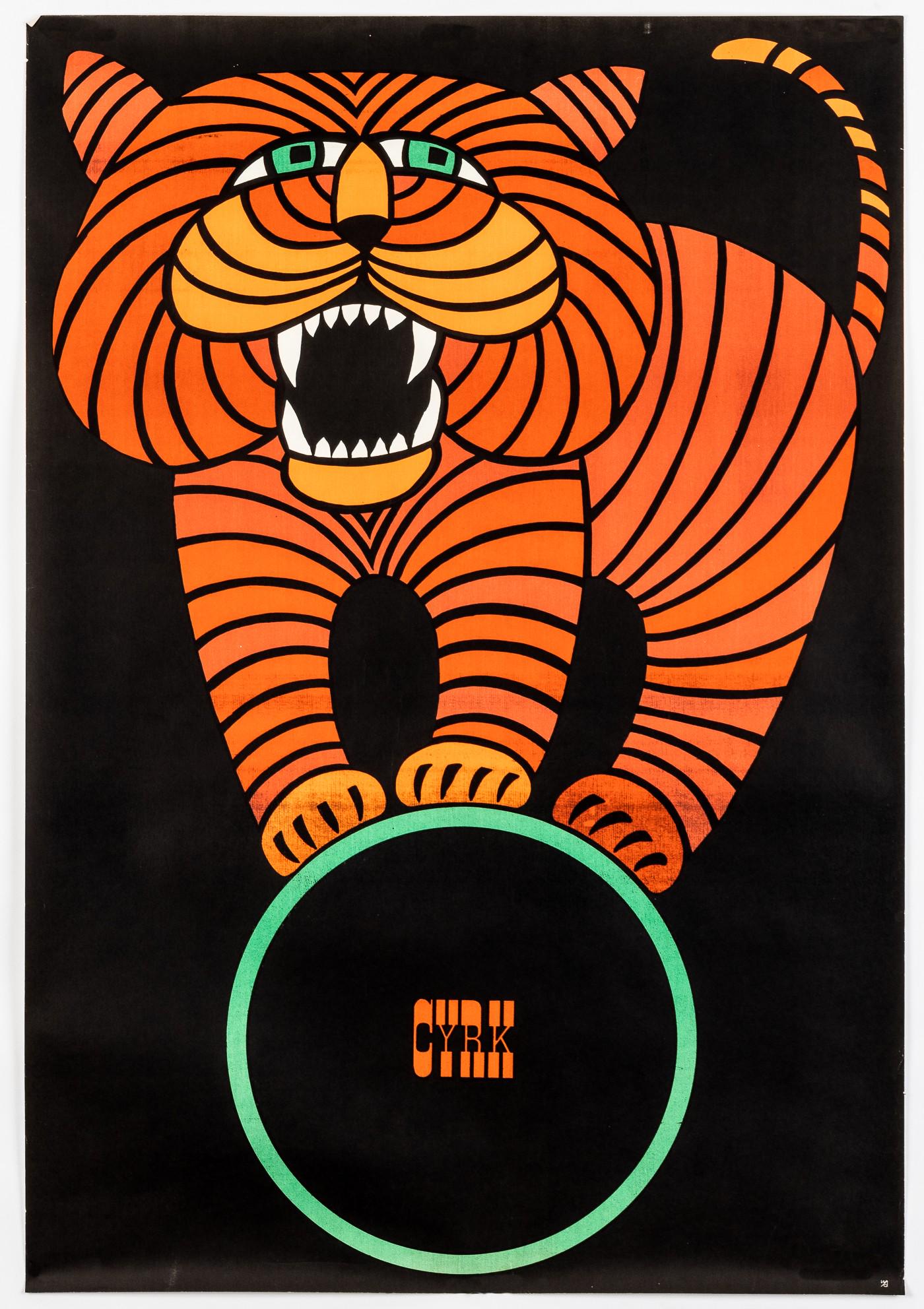 CIRCUS CYRK TIGER HUBERT HILSCHER POSTER: Polish circus poster, 'Cyrk', artwork by Hubert Hilscher (1924-1999), distributed by Triton Gallery, Inc., printed in Poland, circa 1960s, 38.5 x 26.5 inches. Minor folds and very minor loss on edges.