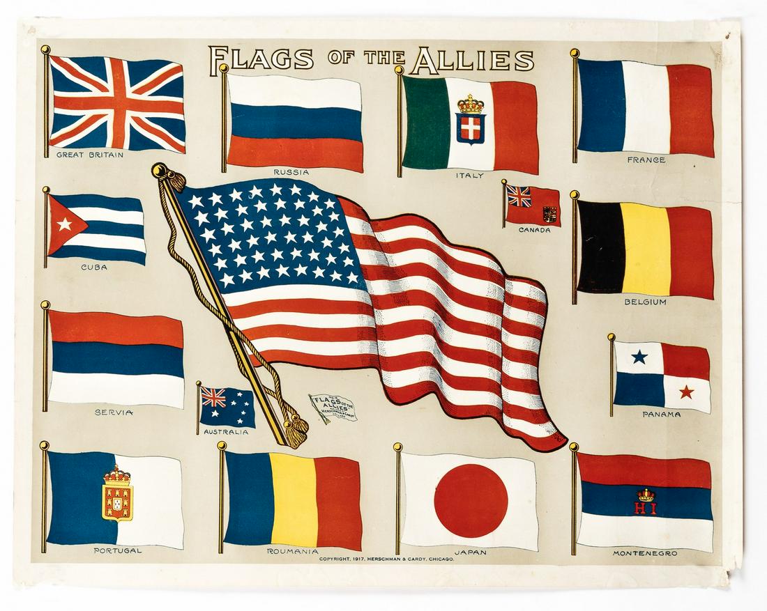 WWI FLAGS OF THE ALLIES POSTER: American poster titled, 'Flags of the Allies', published by Herschman & Cardy, No. 15, 1918, 14 x 18 inches. Poster depicts the flags of Cuba, Russia, Japan, Italy, and more. Loss of bottom right corn