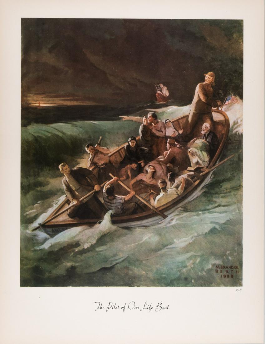 FDR PILOT OF OUR LIFE BOAT PRINT: Lithograph print titled, 'The Pilot of Our Life Boat', artwork by Alexander Berth, 1939, 16.5 x 12.75 inches. The print depicts Franklin D. Roosevelt piloting a life boat, named 'America', of sufferin