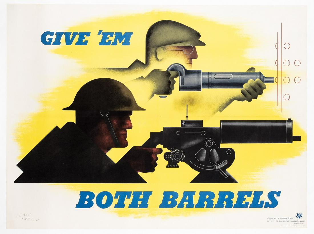 GIVE 'EM BOTH BARRELS BY JEAN CARLU: WWII American propaganda poster 'Give 'Em Both Barrels', by Jean Carlu (1900-1997). Printed by the Division of Information Office for Emergency Management, Washington, D.C., 1941. 30 x 40 inches, prof