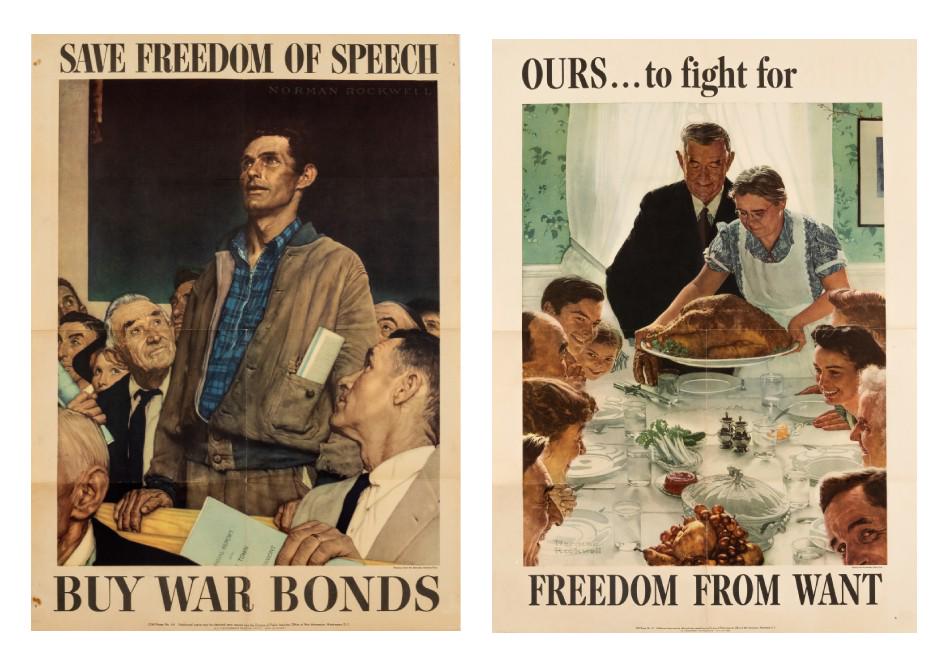 NORMAN ROCKWELL FULL SET OF THE FOUR FREEDOMS (4): Norman Rockwell (1894-1978) Complete set of four posters of The Four Freedoms series published in 1943, titled Freedom of Speech, Freedom of Worship, Freedom from Want, and Freedom from Fear. Each pos
