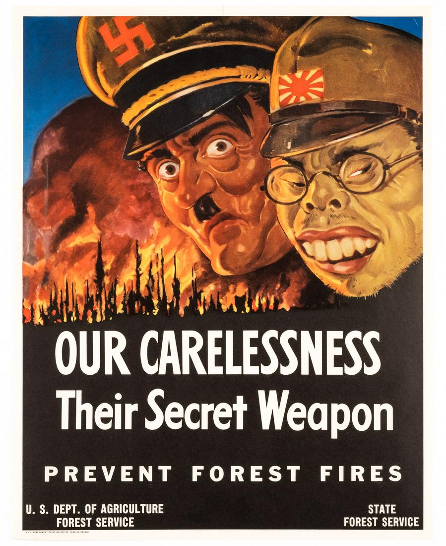 WWII OUR CARELESSNESS THEIR SECRET WEAPON POSTER: WWII American poster, 'Our Carelessness - Their Secret Weapon - Prevent Forest Fires', U.S. Department of Agriculture Forest Service, State Forest Service, U.S. Government Printing Office 1943-O-50584