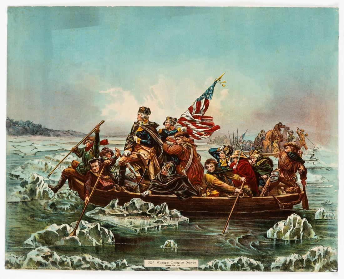 7 AMERICANA POSTERS: Lot of seven Americana posters: 1. 'Washington Crossing the Delaware - December 25th, 1776', McLoughlin Bros., 16 x 20 inches. 2-inch tear on right edge, 1-inch tear on left edge. 2. 'Please Mend my D