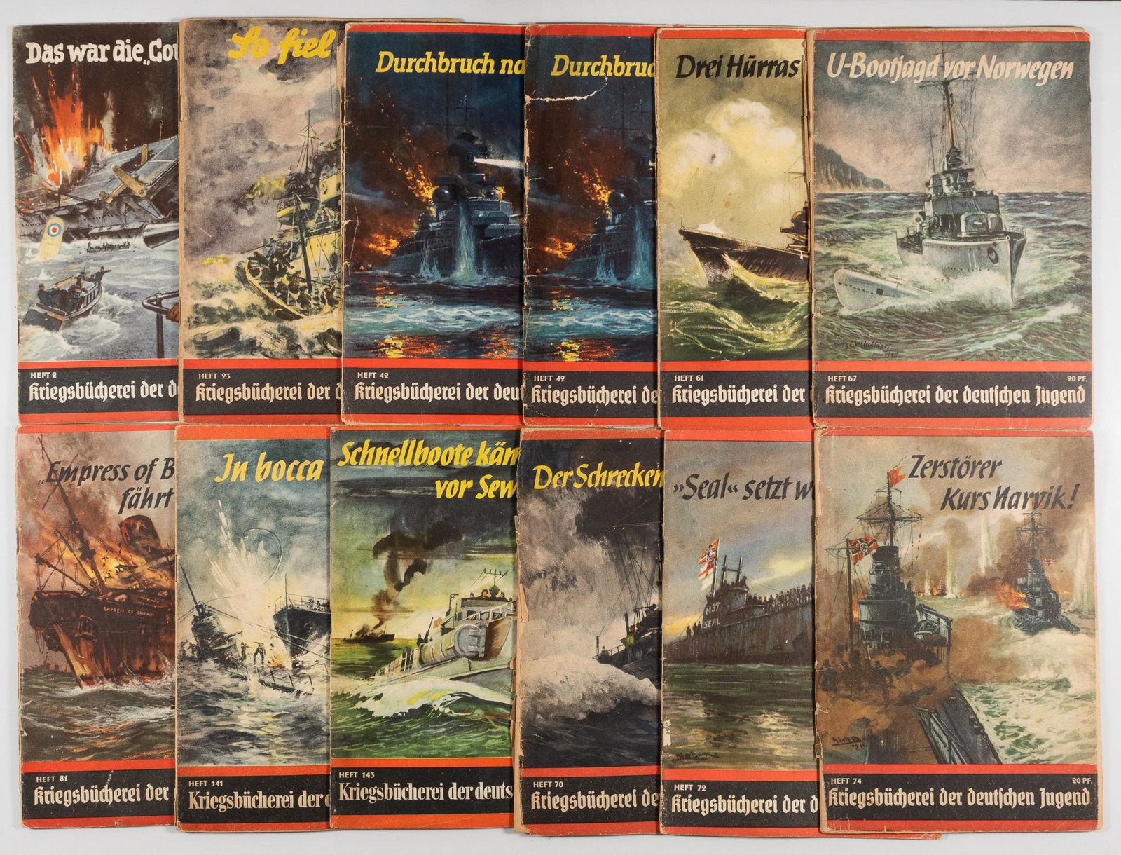 12 HITLER YOUTH BOOKS KRIEGSBUCHEREI: Twelve books belonging to the Third Reich children’s book series 'Kriegsbuecherei der Deutschen Jugend' ('War Library of the German Youth'). The lot includes numbers 2, 23, 42 (two), 61, 67, 70, 72,