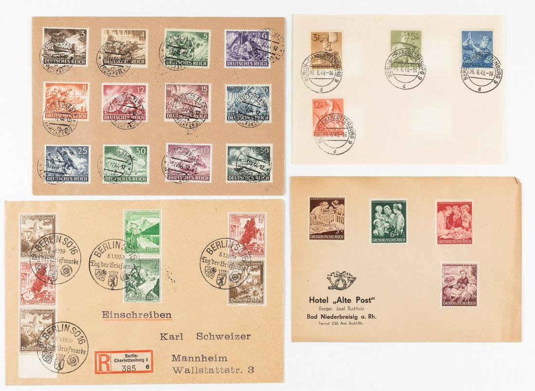 27 THIRD REICH CANCELED STAMPS: Four covers of 27 Third Reich canceled stamps, showing illustrations of German soldiers in action scenes, canceled from 1939 to 1944.