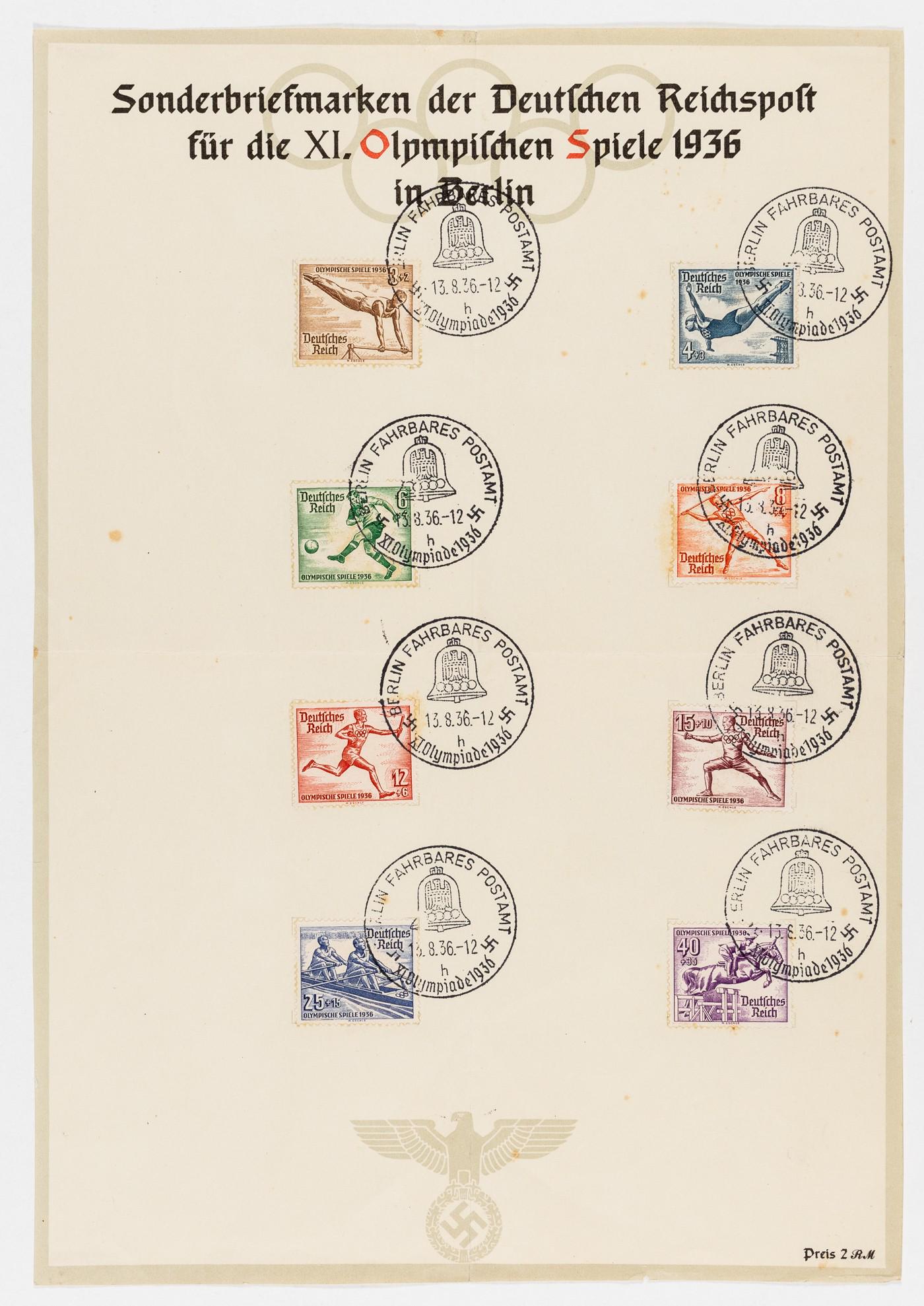 8 1936 OLYMPIC GAMES GERMAN POSTAL STAMPS: Set of eight special stamps depicting various sport arts of the Third Reich and commemorating the 1936 Summer Olympics, officially known as the Games of the XI Olympiad, in Berlin. Each stamp bears a 