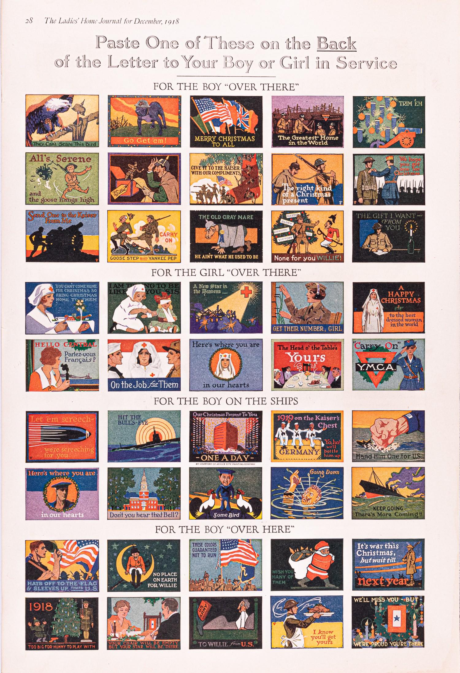 WWI AMERICAN PROPAGANDA STAMP SHEET: Sheet of American propaganda stamps 'To Your Boy or Girl in the Service', small vignettes of American soldiers, caricature depictions of German soldiers or Kaiser Wilhelm, and Red Cross nurses, publis