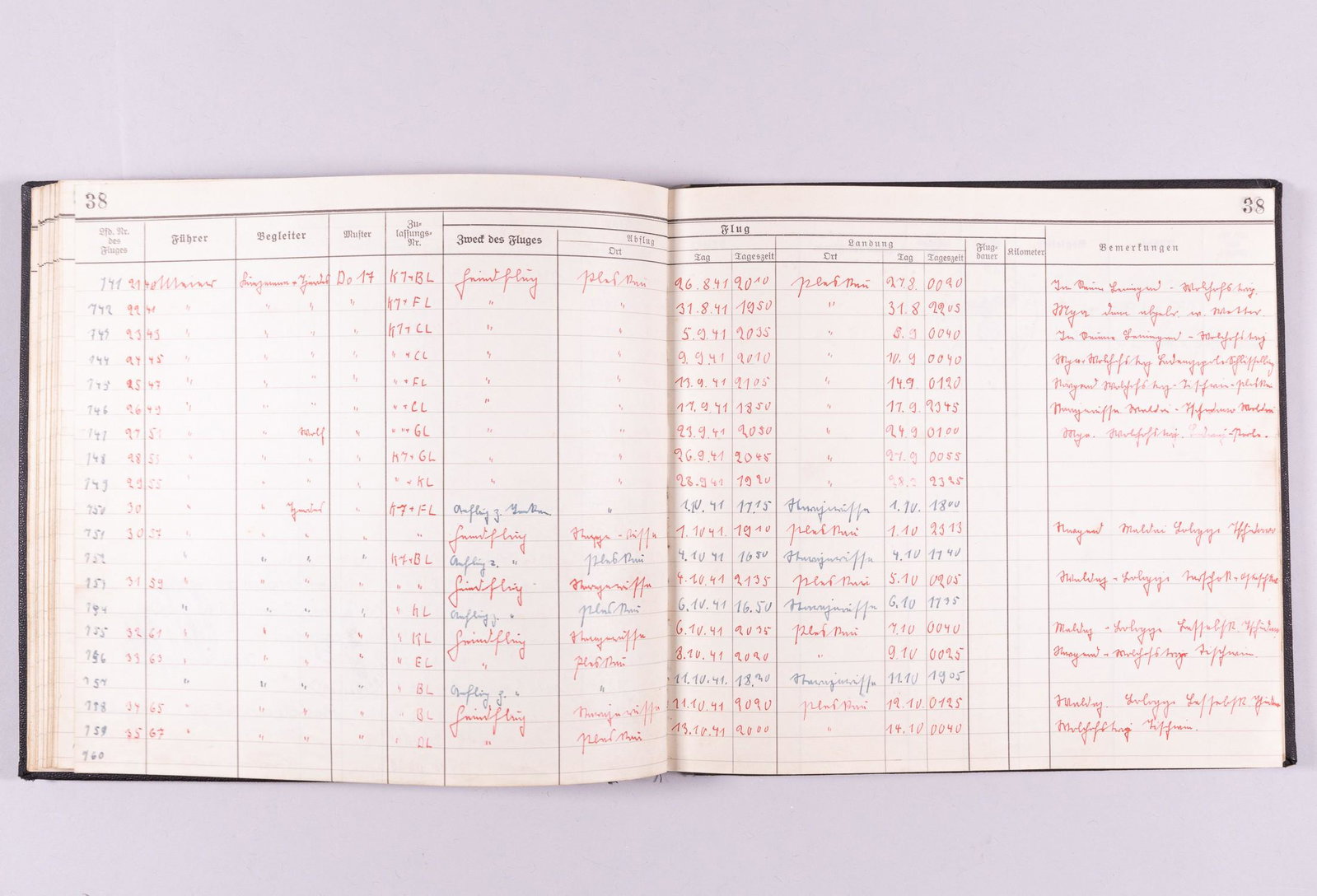 WWII LUFTWAFFE FLIGHT LOG BOOK 3. NACHTFLUGSTAFFEL: WWII Luftwaffe flight log book from Luftwaffe Unteroffizier Gerhard Meier with the 3. Nachtflugstaffel. The flight book starts on 15.4.1939, has 39 pages filled out and a last entry on 13.10.1941, Ple