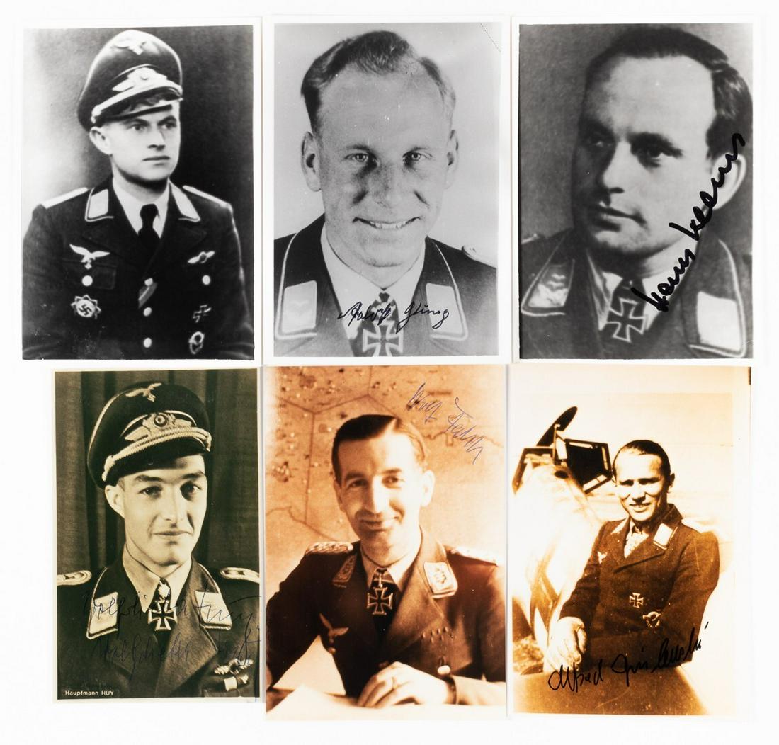 6 LUFTWAFFE ACES AND KNIGHTS CROSS RECIPIENTS: Lot of six Knight's Cross of the Iron Cross recipients and Luftwaffe Aces. Signed photos including MAX DIEPOLD, WOLFGANG FALCK, ADOLF GLUNZ, ALFRED GRISLAWSKI, WOLF-DIETER HUY, and HANS KLAUS. Approx.