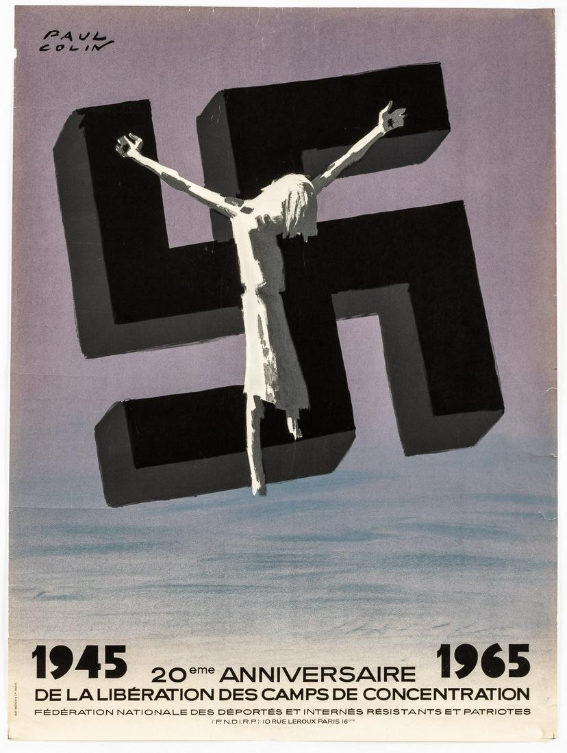 20TH ANNIVERSARY OF HOLOCAUST LIBERATION POSTER: French poster made to commemorate the 20th anniversary of the liberation of the concentration camps, artwork by Paul Colin (1892-1985), published by the National Federation of Resistant and Patriotic