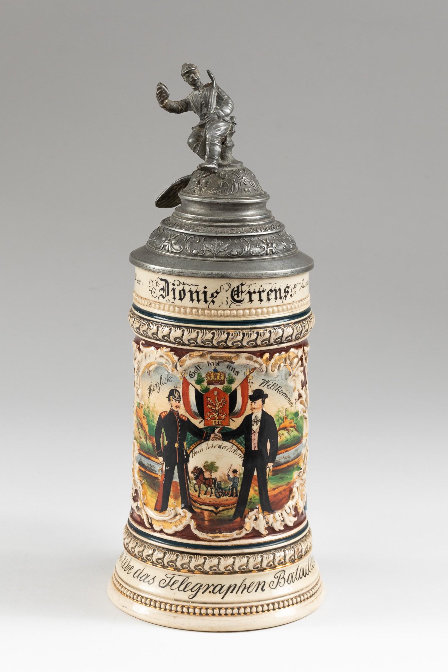 1900 GERMAN RESERVE GUARD BEER STEIN: 1900 German troop Reservisten beer stein once belonging to Heinrich Heinen, a veteran of the 3rd Telegraph Battalion unit from Coblenz, Germany, 10.5 x 4.25 inches. Front of beer stein has an illustra