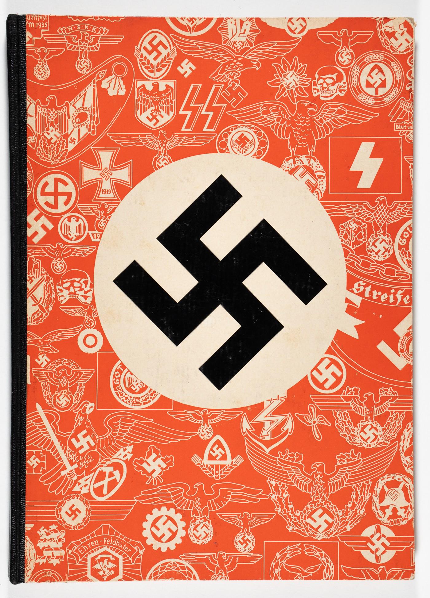 F.W. ASSMANN & SOHNE CATALOG: WWII hardbound F.W. Assmann & Sohne catalog, company known for making insignia and uniform metal accessories, 89 pages, approx. 12.5 x 9 inches. Cover bears a large swastika surrounded by images of va