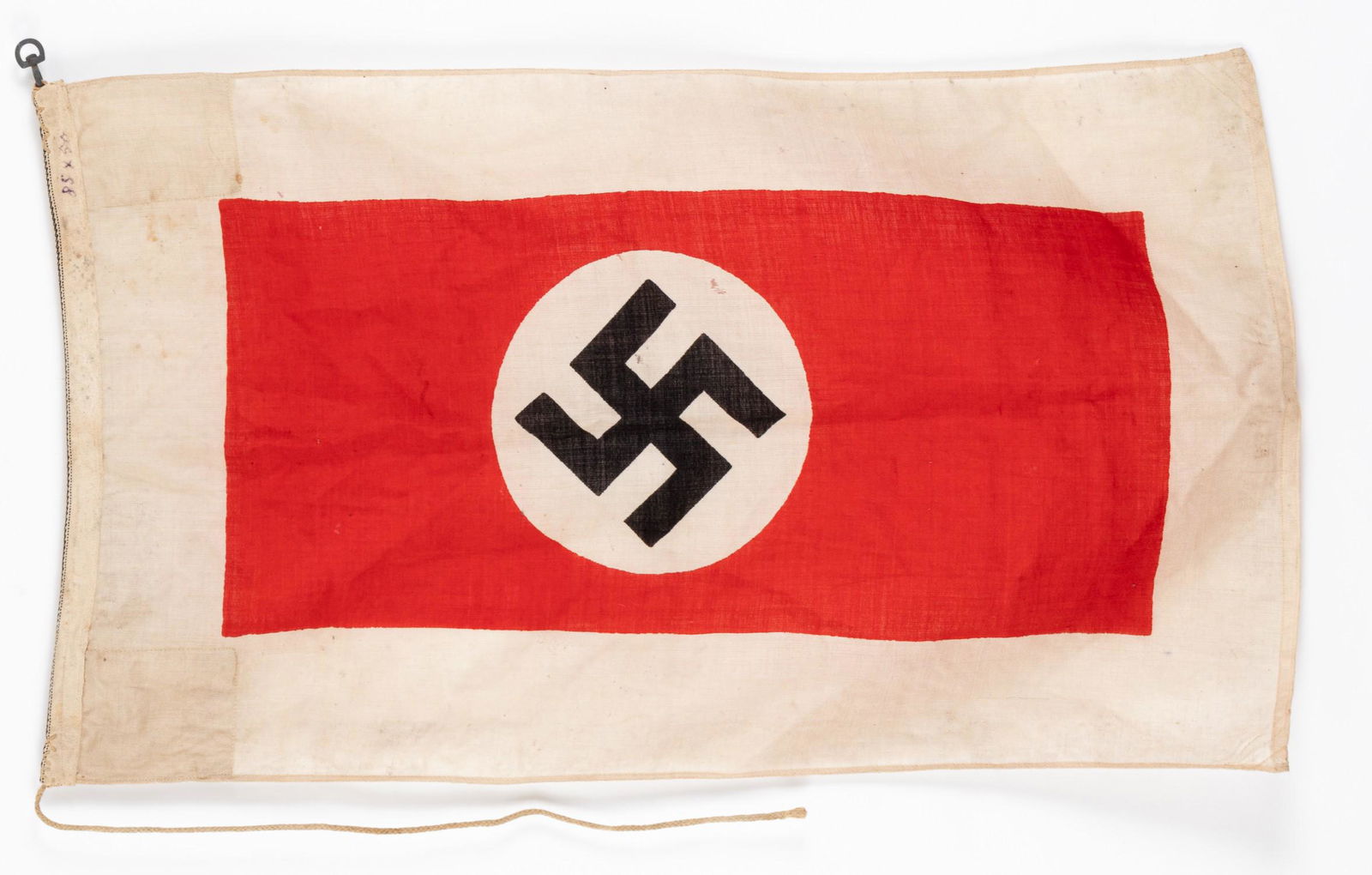 WWII GERMAN KRIEGSMARINE HARBOR PILOT FLAG: German WWII Kriegsmarine harbor pilot flag / jack (Lotsenflagge), Nazi swastika flag in a white bordered field. In use from 1935 until 1945. Replaced the old pilot flag. Continued the tradition of hav