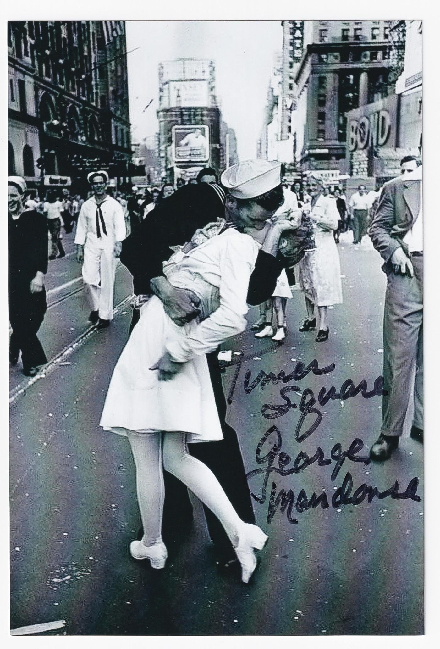 GEORGE MENDONSA THE V-J KISS: (1923-2019) Navy sailor from World War II with the most credible claim to being the man kissing a Red Cross nurse in the famous Alfred Eisenstaedt photograph taken in Times Square in New York City on