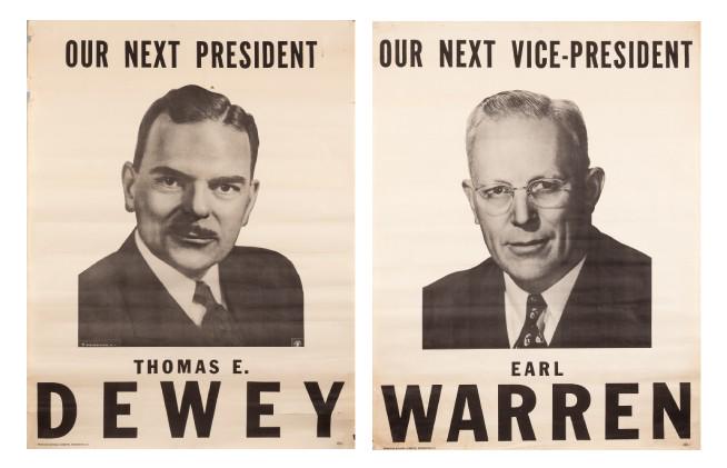 1948 DEWEY AND WARREN CAMPAIGN POSTERS (2): Pair of campaign posters made for running mates Thomas E. Dewey and Earl Warren for the Presidential election of 1948. First poster reads, 'Our Next President - Thomas E. Dewey' with a large portrait 