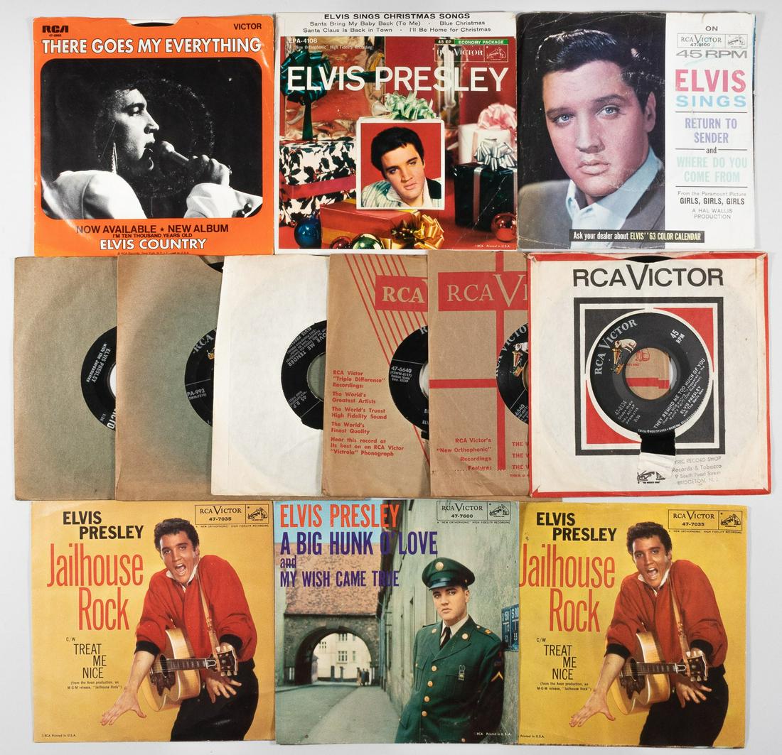 9 VINTAGE ELVIS PRESLEY 45 VINYL RECORDS: Lot of 9 vintage Elvis Presley 45's vinyl records, in sleeves, some stamped with date. Includes 'Return To Sender', Where Do You Come From', 'Love Me Tender', 'Anyway You Want Me', 'Long Legged Girl',