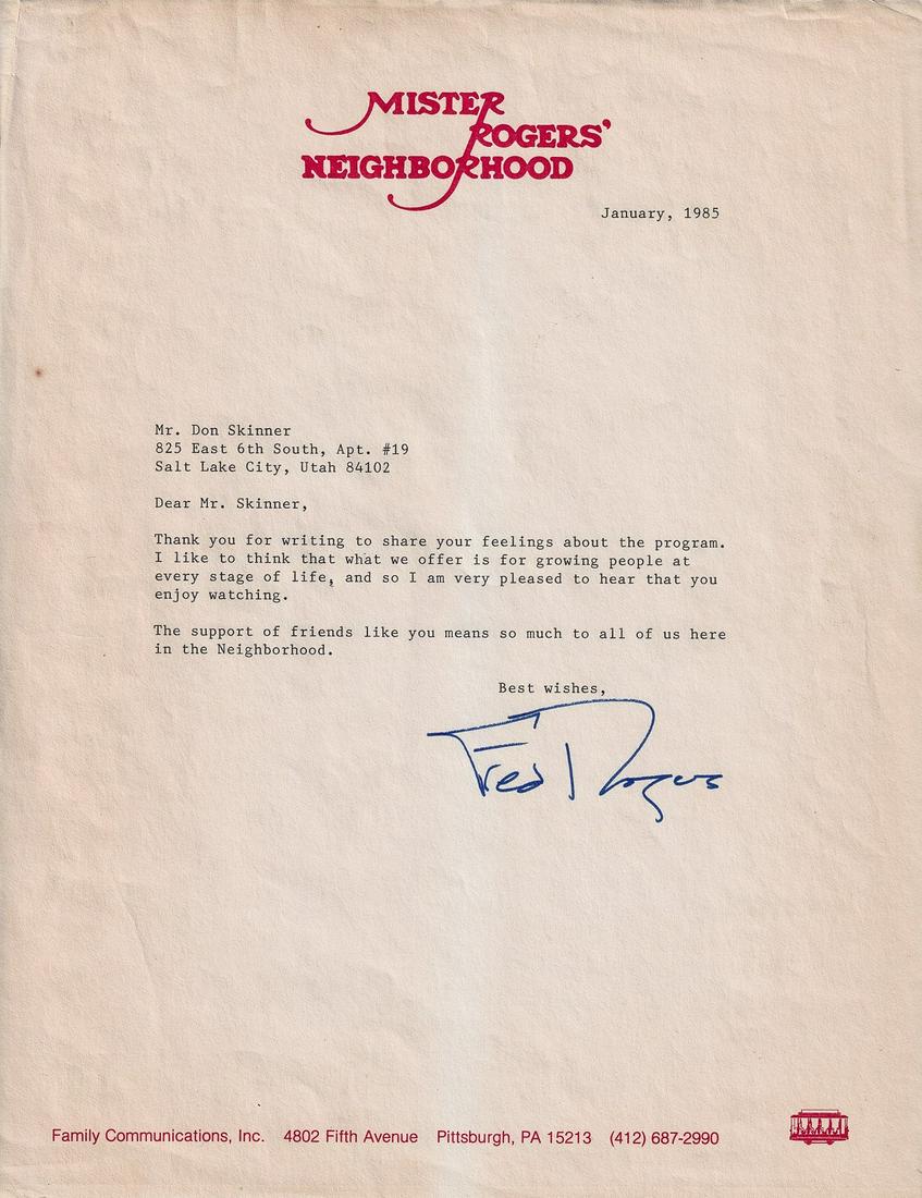 FRED ROGERS: (1928-2003) American television host, producer, and author, commonly known as ‘Mister Rogers’. Letter typed on Mister Rogers’ Neighborhood letterhead, ‘Thank you for writing to share your feel
