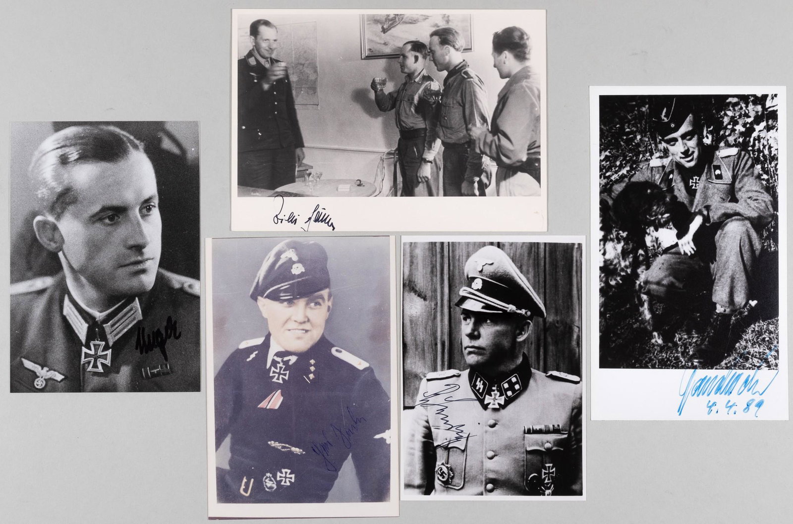 FIVE KNIGHTS CROSS RECIPIENTS AUTOGRAPHS: Group of five photographs signed by Recipients of the Knight's Cross of the Iron Cross, includes Luftwaffe captain WILLI SOLTER, WAFFEN-SS-Obersturmfuhrer JOHANN SAILER, WAFFEN-SS-Obersturmbannfuhrer 