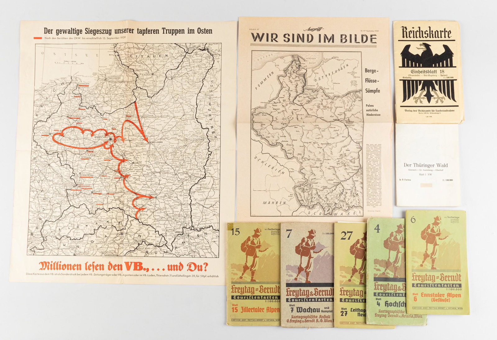 2 WWII GERMAN MAPS & 8 GERMAN TOPOGRAPHIC MAPS: Two WWII German maps from September 1939, showing the advance of German troops after the invasion of Poland and the beginning of a long war. 1. 'The tremendous triumph of our brave troops in the east'
