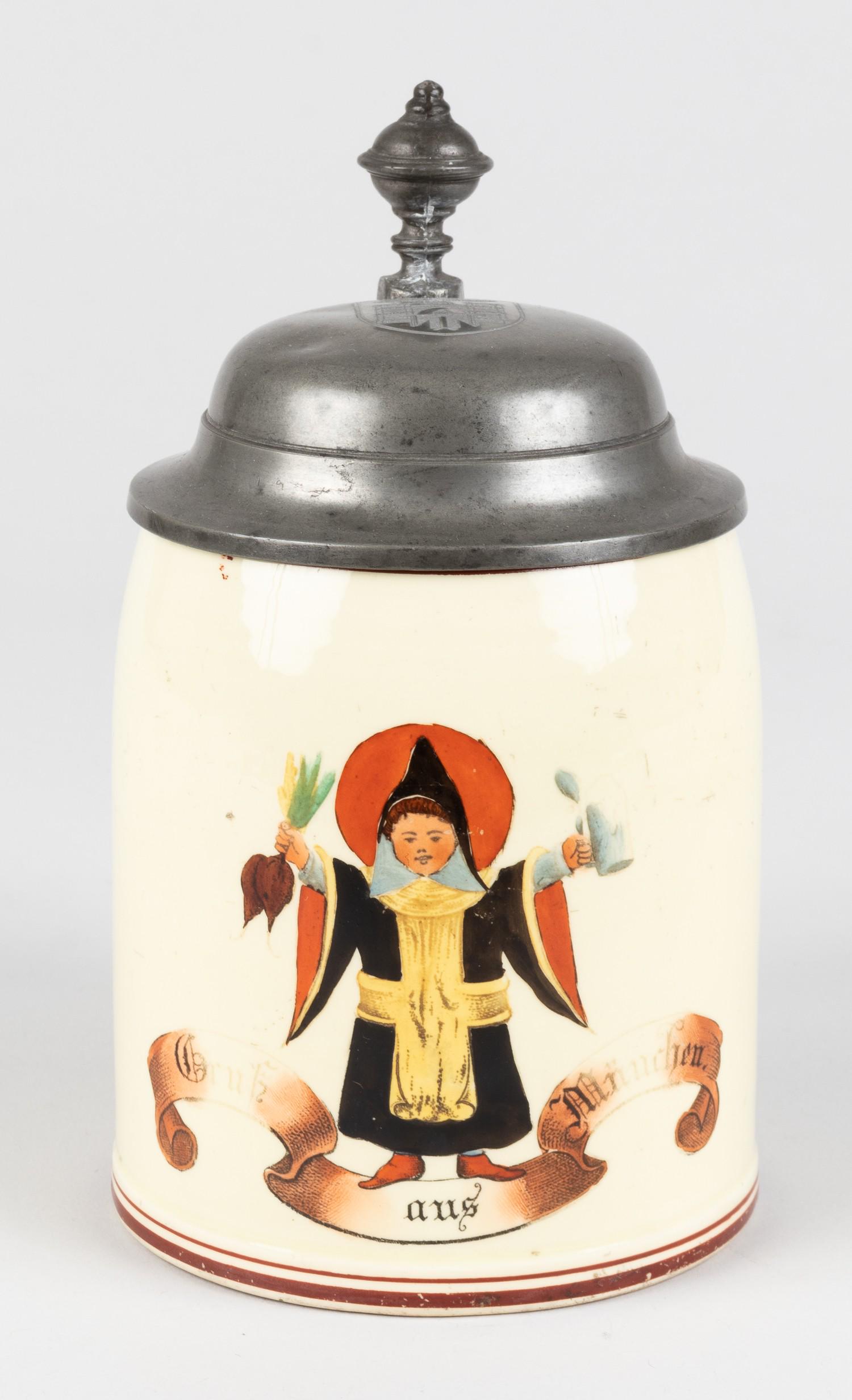 THIRD REICH MUNICH BEER STEIN: Beer stein with, 'Greetings from Munich', featuring the Munich Kindle. Top lid of beer stein shows the Munich Kindle in front of the Munich Gate with a Nazi eagle emblem overhead. Approx. 6.5 x 4.25 i