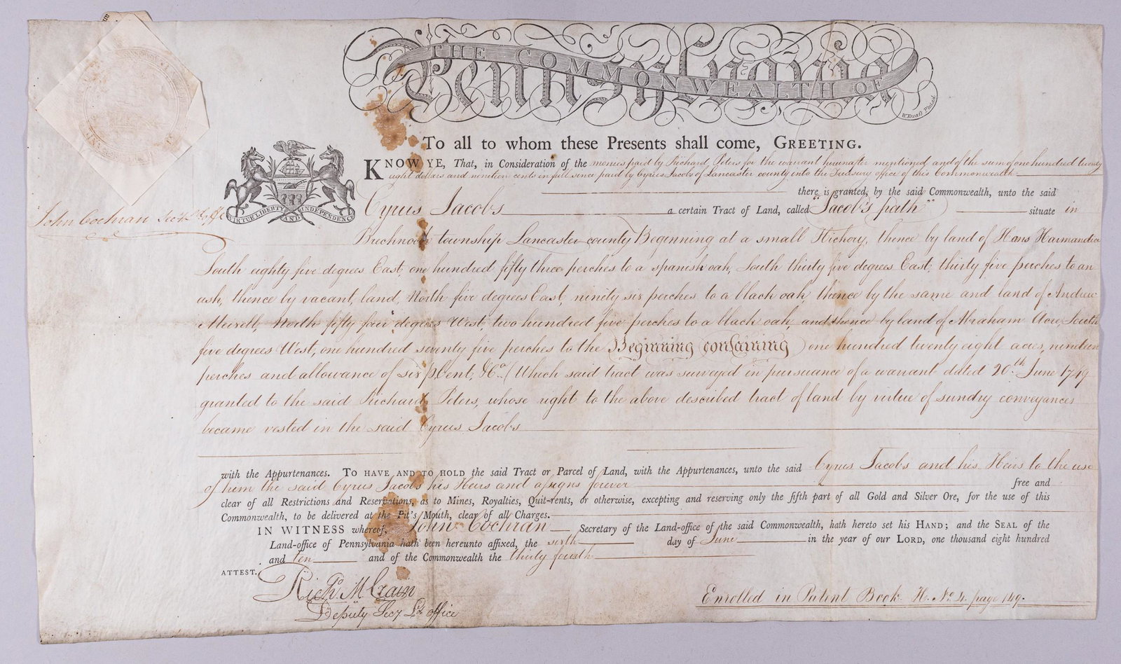 1810 LANCASTER COUNTY LAND PATENT: 1810 Lancaster County, Pennsylvania land patent to Cyrus Jacobs, a famous iron-master from colonial Lancaster County for 128 acres called 'Jacobs' Path' in Lancaster County, signed by the witness John