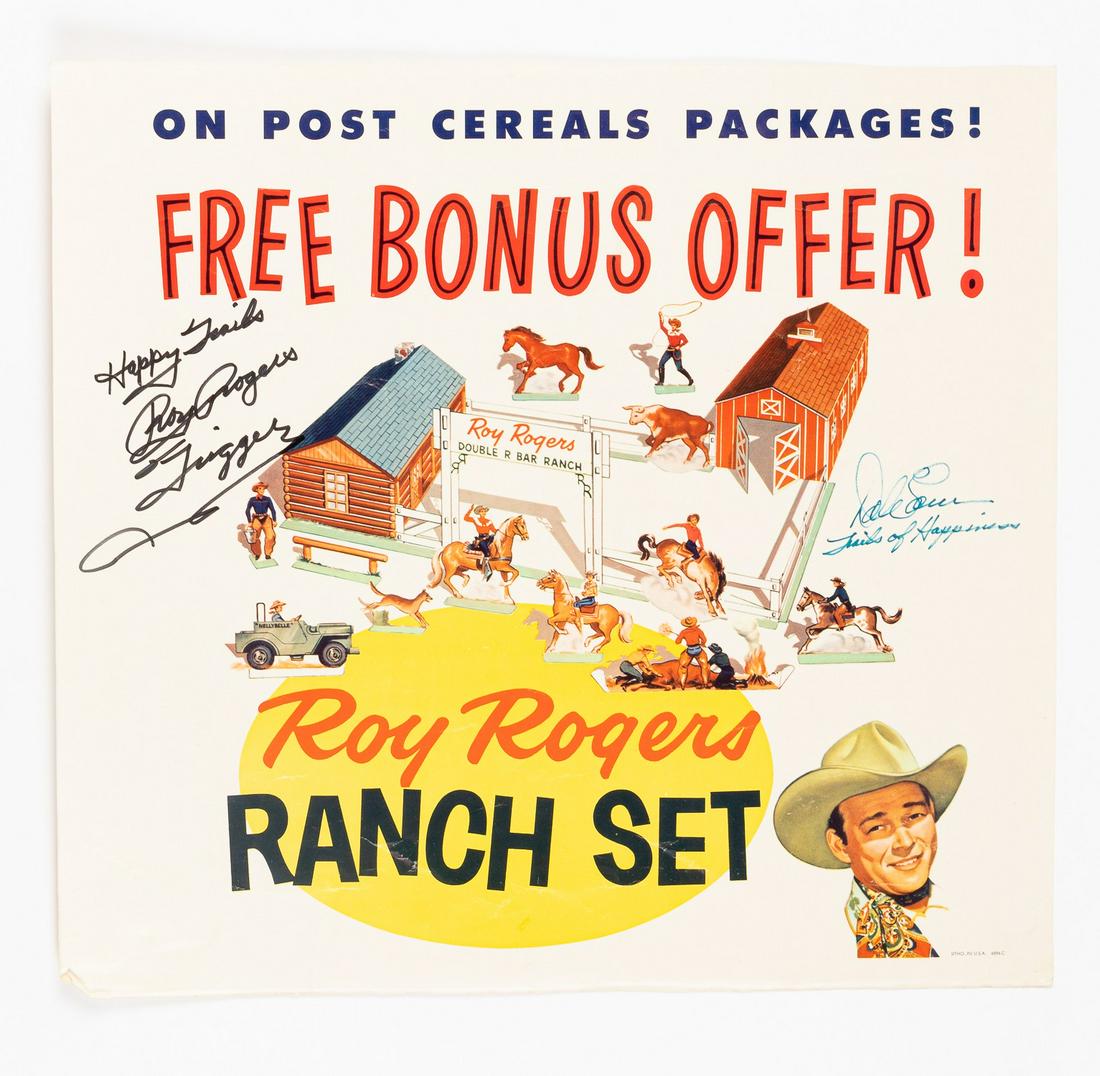 SIGNED ROY ROGERS RANCH SET POSTER AND KIT: A 'Roy Rogers Ranch Set' with poster and fold up toy, signed by Roy Rogers (1911-1998) and Dale Evans (1912-2001) 'Happy Trails - Roy Rogers & Trigger' and 'Dale Evans - Trails of Happiness', poster i