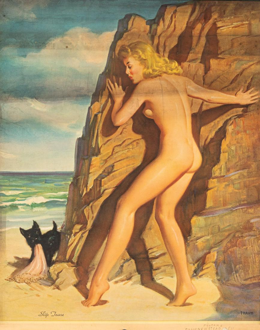 1950S PINUP CALENDAR TOP: 'Slip Tease', artwork by Art Frahm (1907-1981), 1950s, 20.25 x 16 inches. Metal bar affixed at top edge. Cut at bottom edge, 1-inch tear at bottom edge, minor creasing, and minor soiling.