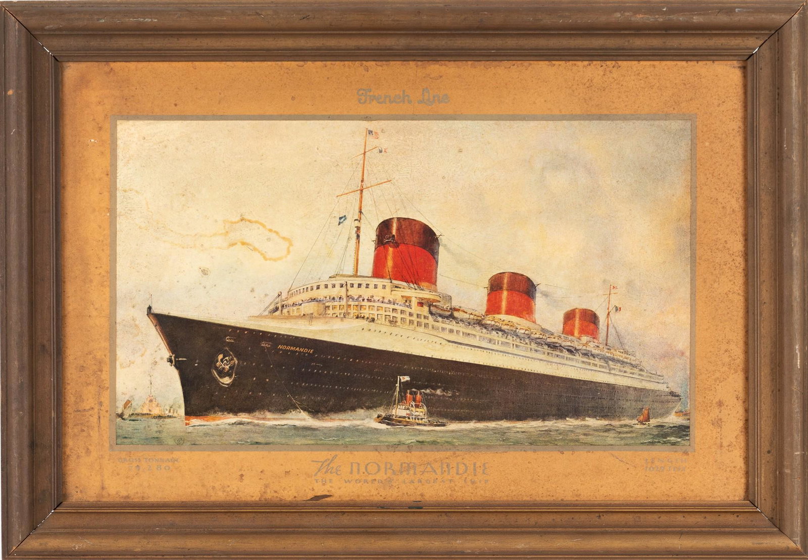 SS NORMANDIE FRENCH LINE FRAMED PRINT: Framed print of the SS Normandie, 'French Line - The Normandie - The World's Largest Ship', 20.75 x 13.25 inches. Staining on the front, in a simple wood frame.