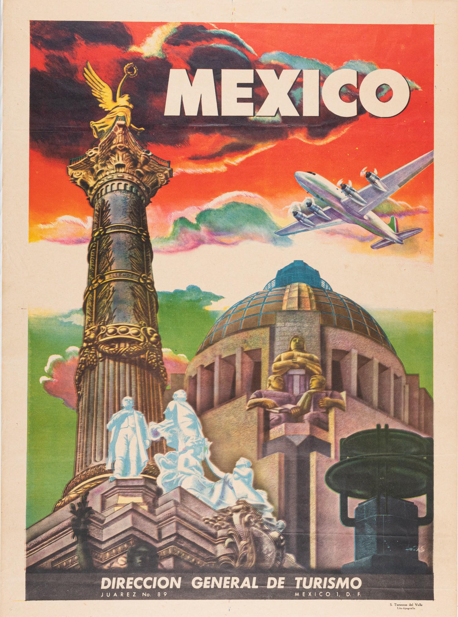 MEXICAN TRAVEL POSTER: 1950's Mexican Travel Poster, showing Mexico City, artwork by Heras, published by Direccion General De Turismo, Mexico. Printed by S. Turanzas Del Valle, Lito-tipografia. Minor creases, two light fold
