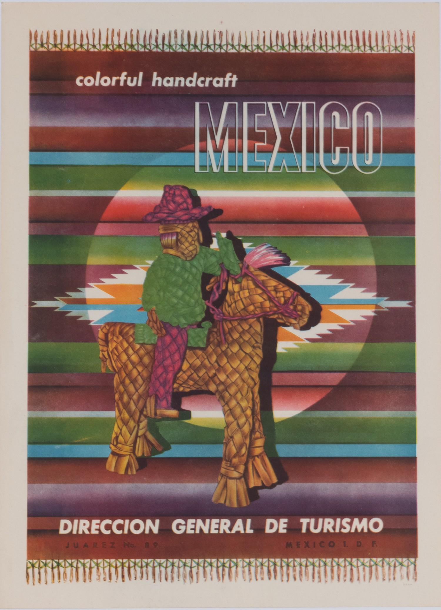 MEXICO TRAVEL POSTER: 1950's Mexican travel poster, showing a straw doll on a Mexican folk blanket. Published by Dirreccion General De Turismo, Mexico. 11.75 x 16.25 inches. Very fine.