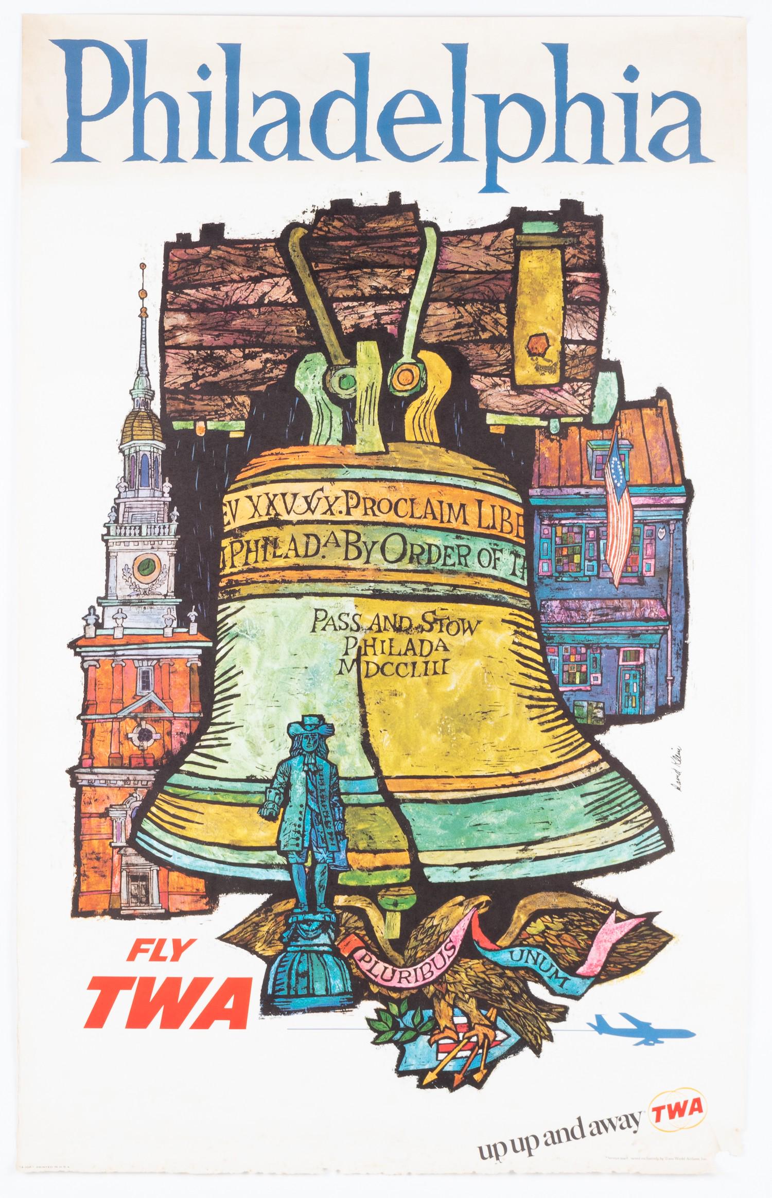TWA PHILADELPHIA TRAVEL POSTER BY DAVID KLEIN: Original TWA travel poster 'Philadelphia Fly TWA' depicting the Liberty Bell and other local landmarks, by artist David Klein (1918-2005). 1960's. Horizontal sunning along the top title, small loss to