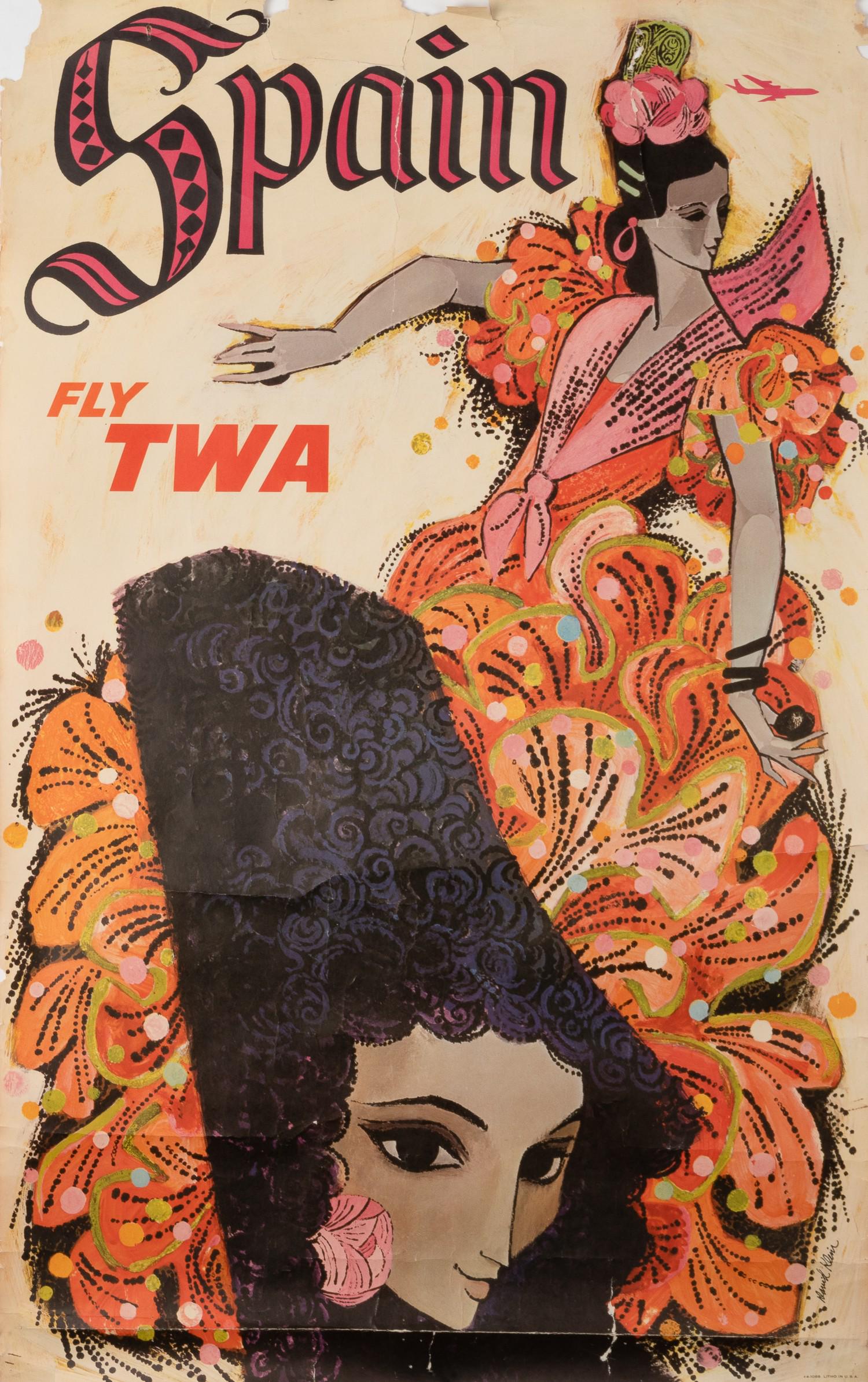TWA SPAIN TRAVEL POSTER BY DAVID KLEIN: 'Spain - Fly TWA', artwork by David Klein (1918-2005), 4-1088, lithographed in U.S.A. Loss of top corners, 11-inch and 6-inch tear at top edge, tear at bottom half and bottom edge, horizontal fold at