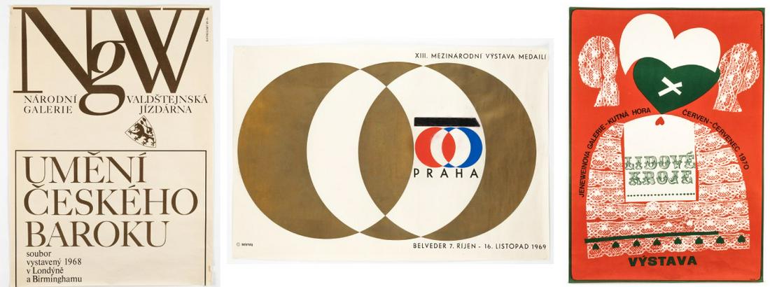 3 CZECH PRAGUE ART GALLERY POSTERS: Three Czech art gallery exhibition posters, Prague, 33.25 x 22.5 inches. Creasing and minor tears. Gold medal poster has been retouched.