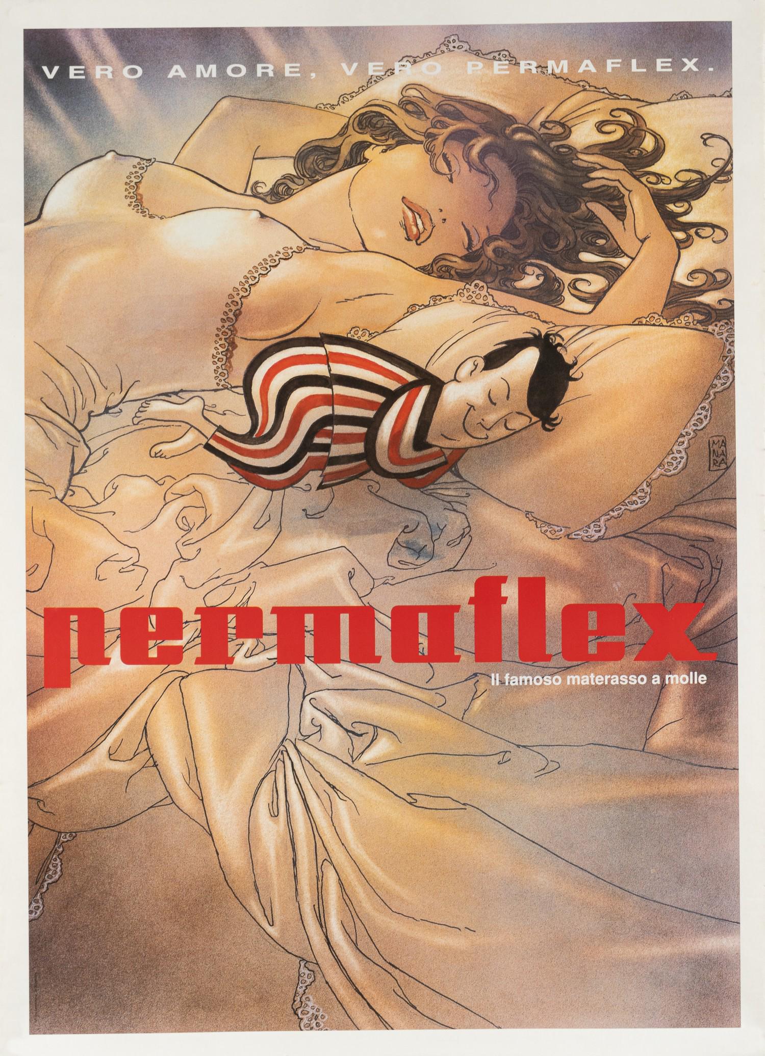 PERMAFLEX ITALIAN MATTRESS ADVERTISEMENT POSTER: Italian mattress advertising poster 'Permaflex - Vero Amore - Vero Permaflex,' artwork by Milo Manara, ca. 1970. Linen backed. 27.25 x 37.5 inches. Excellent.