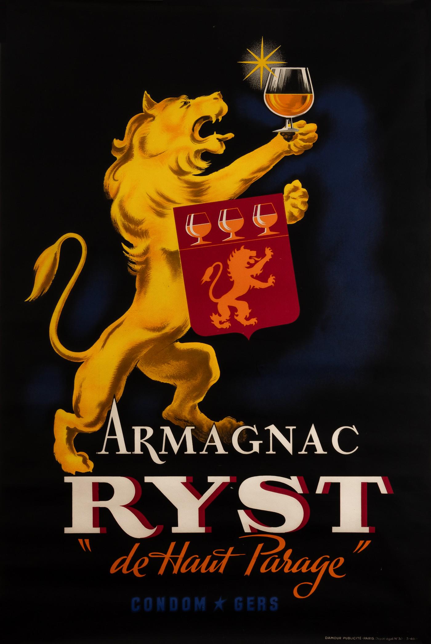 ARMAGNAC RYST POSTER: French advertisement poster for 'Armagnac Ryst - de Haut Parage', D'Amour Publicite, Condom Gers, No. 30 (3-46), circa 1930s, approx. 59.25 x 39 inches. Very good.