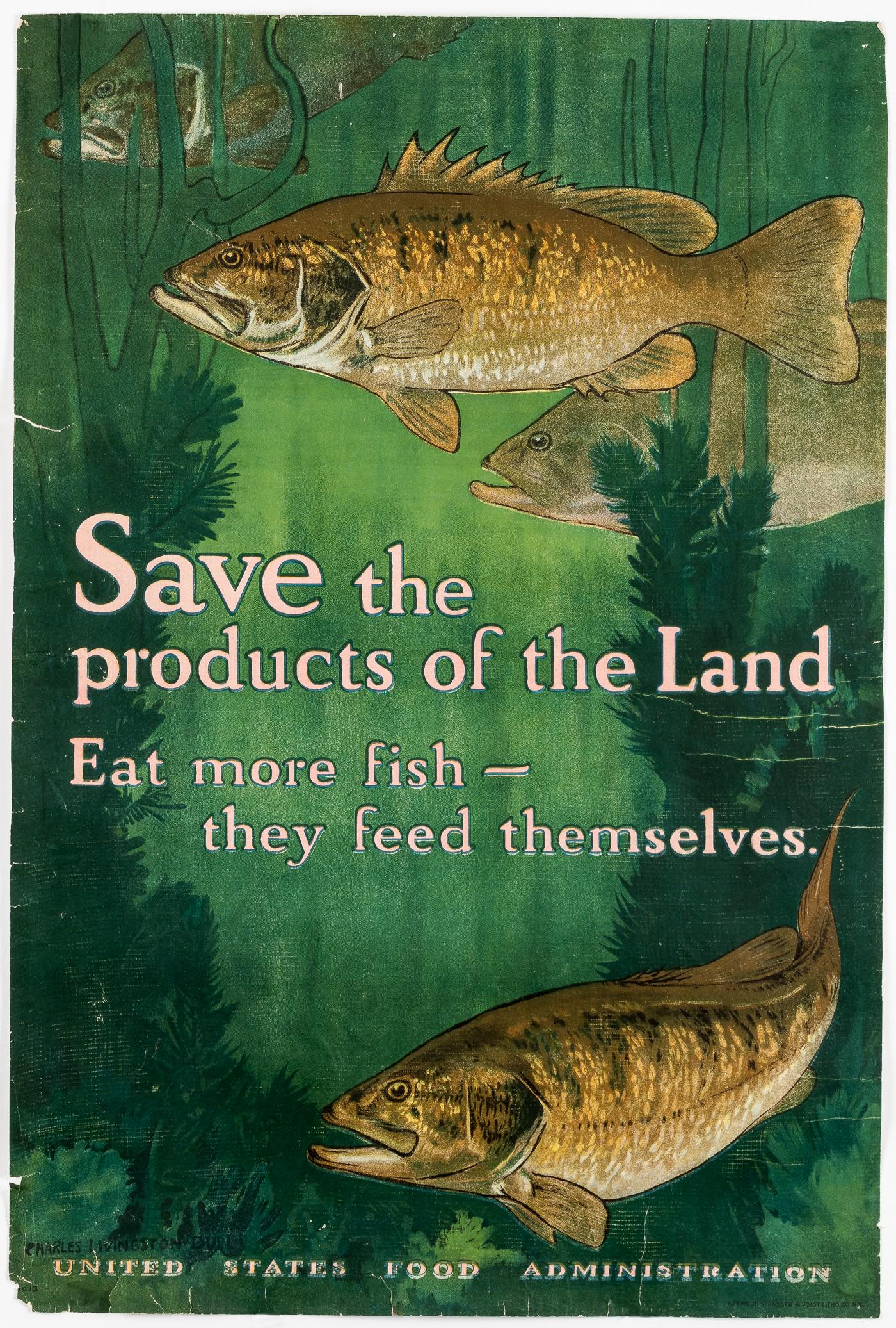 SAVE THE PRODUCTS OF THE LAND POSTER BY CHARLES LIVINGSTON BULL: 'Save the Products of the Land - Eat more fish - they feed themselves.', artwork by Charles Livingston Bull (1874-1942), United States Food Administration, No. 13, Heywood, Strasser, & Voigt Litho. Co