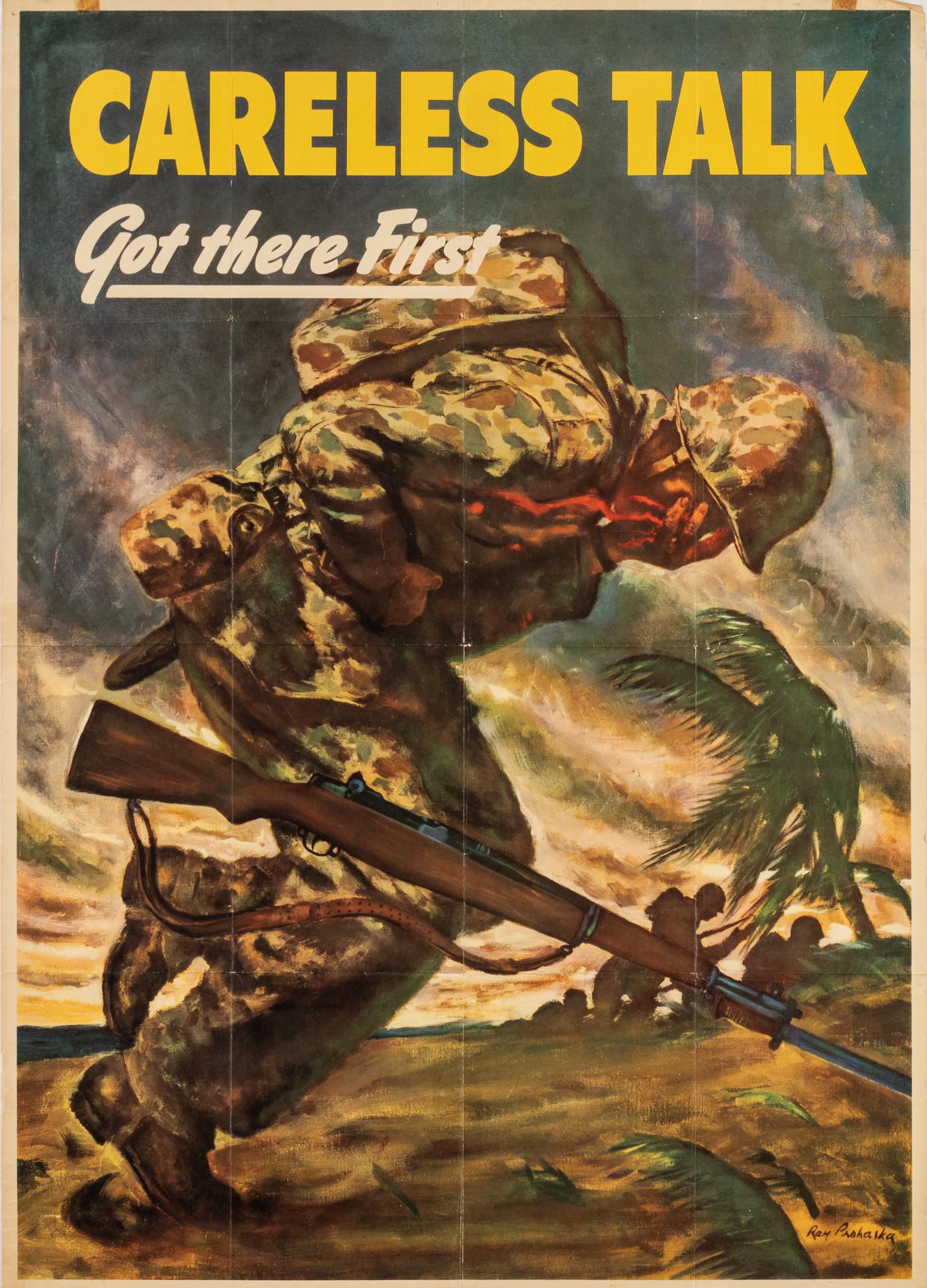 CARELESS TALK GOT THERE FIRST WWII POSTER BY RAY PROHASKA: WWII American security poster showing an American soldier on a beach in the Pacific 'Careless Talk Got There First', artwork by Ray Prohaska, (1901-1981), 1944. Mailing folds, creases, and old tape re