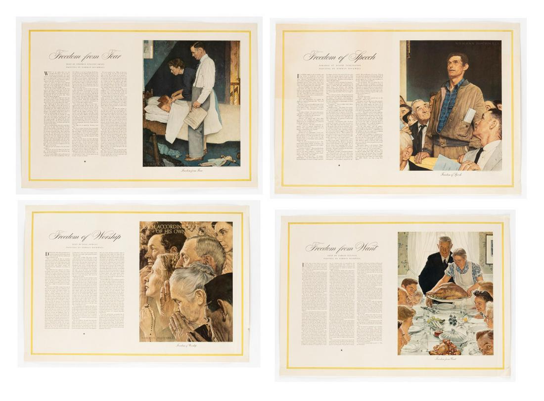 NORMAN ROCKWELL FOUR FREEDOMS SATURDAY EVENING POST: Scarce edition of all Four Freedoms with explanatory text published by the Saturday Evening Post, explaining the meaning behind the 'Freedom From...' series by Norman Rockwell (1894-1978). The pages w