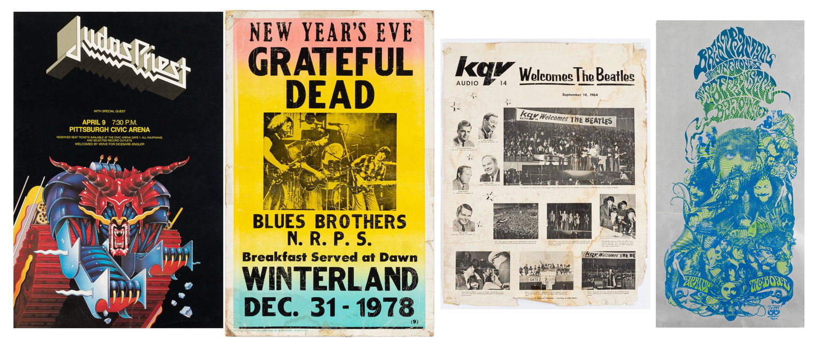 GRATEFUL DEAD / THE BEATLES - 4 ROCK MUSIC CONCERT POSTERS: Nice collection of four rock music concert posters. 1. GRATEFUL DEAD 1978 POSTER TRIBUNE SHOWPRINT POSTER. New Year's Eve Grateful Dead Winterland December 31, 1978 with the Blues Brothers and N.R.P.S