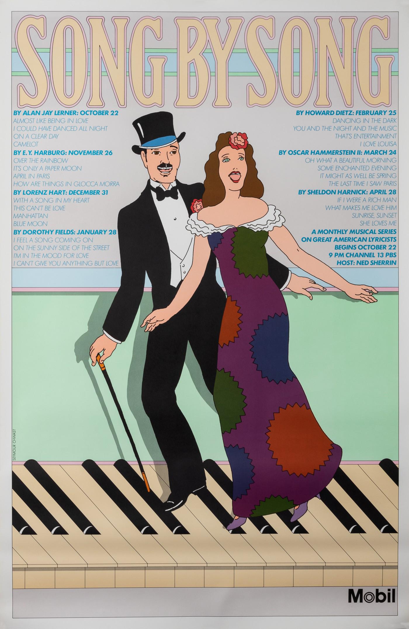 SONG BY SONG BROADWAY CLASSICS PBS SHOW POSTER: 'Song by Song' poster a PBS show of Broadway classics, artwork by American designer Seymour Chwast (b. 1931), sponsored by Mobil, 1977, 30 x 46 inches. Very good.