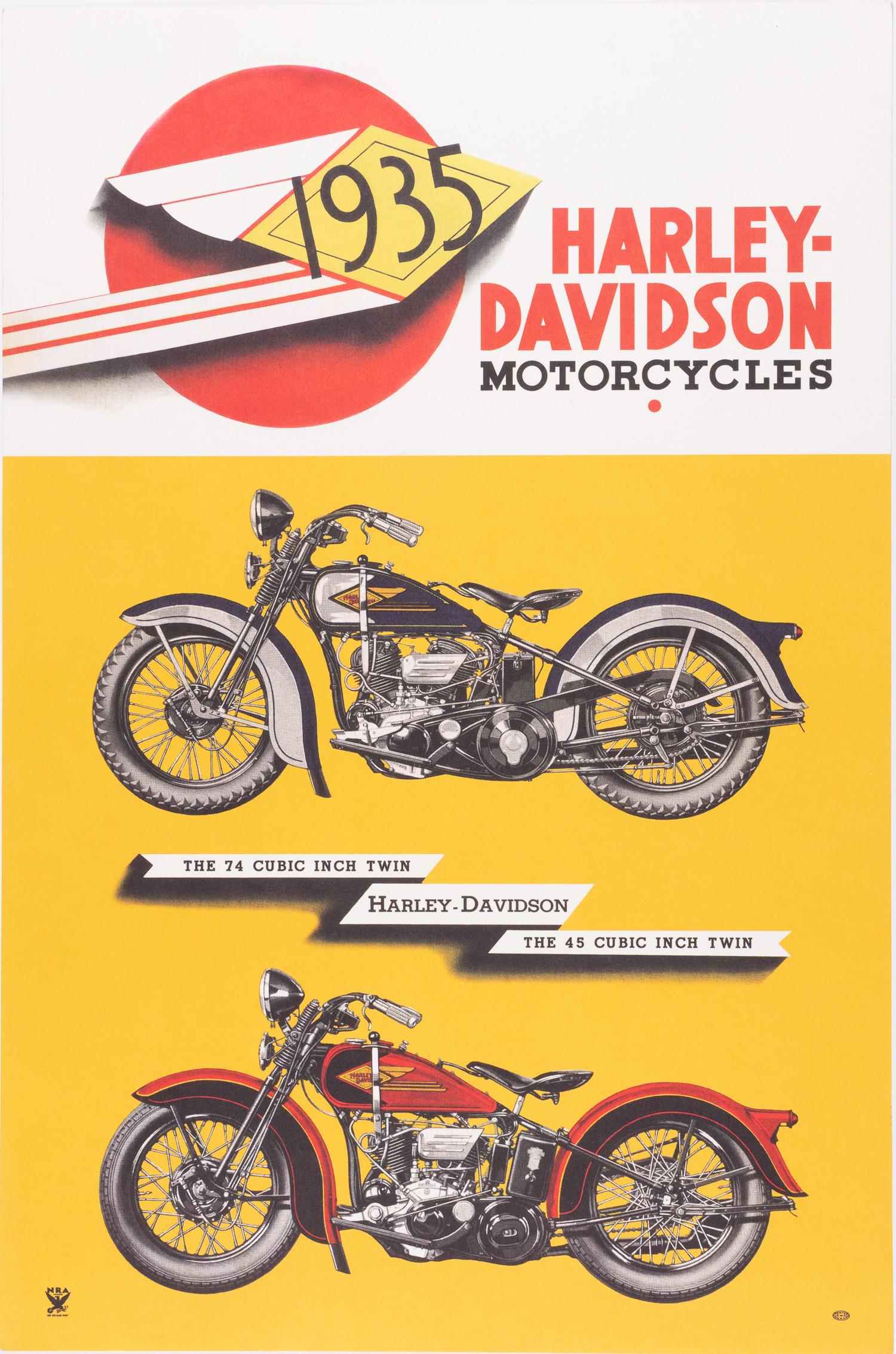 1935 HARLEY-DAVIDSON MOTORCYCLES ADVERTISING POSTER: 1935 HARLEY-DAVIDSON MOTORCYCLES ADVERTISING POSTER Original 1935 Harley-Davidson Motorcycle store advertising poster, printed on a light card stock. Bears NRA National Industrial Recovery Act logo in
