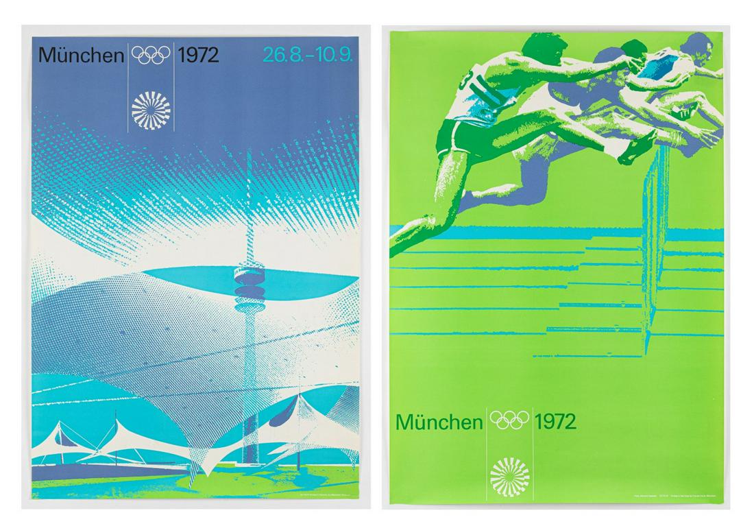 TWO 1972 MUNICH OLYMPICS POSTERS: Two original posters for the 1972 Olympic Games in Munich, designed by Otl Aicher (1922-1991). Sprint hurdles, Franzis Druck , Munich, photo: Albrecht Gaebele, very good condition, and Munich Olympic 