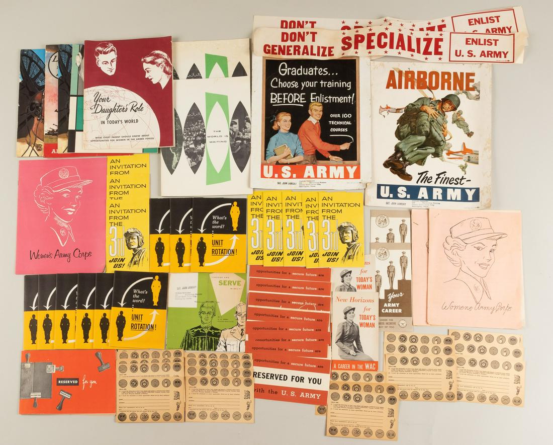 U.S. ARMY RECRUITMENT EPHEMERA: Large lot of 1950s U.S. Army recruiting ephemera including posters, brochures, pamphlets, booklets, and postcards trying to recruit men and women to join the Army. Lot includes seven pamphlets from th