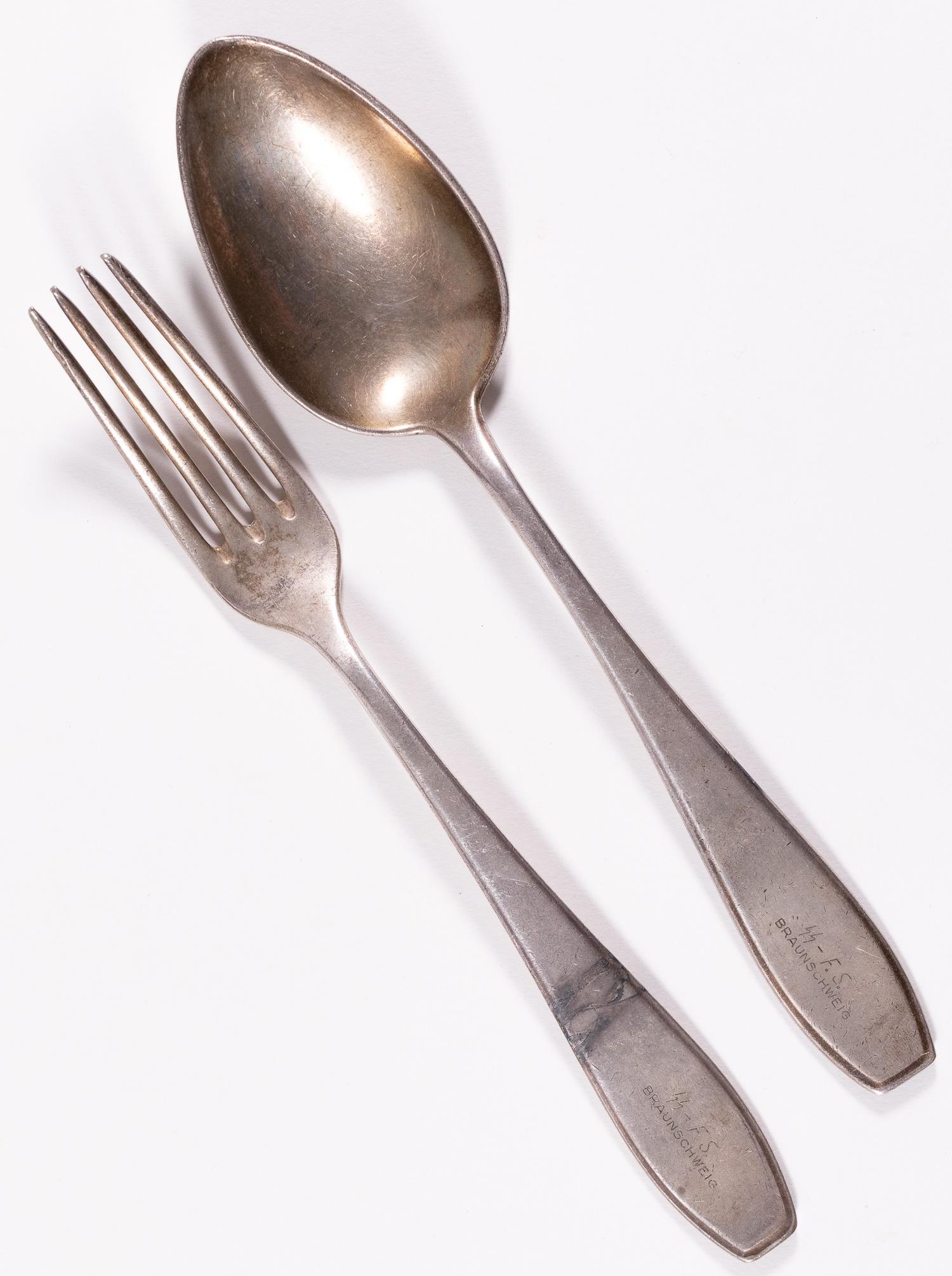 NAZI SS LEADER SCHOOL KNIFE AND FORK: Set of knife and for engrave at the handle 'SS-F.S. Braunschweig' from the SS-Fuhrerschule in the German city of Braunschweig, a Nazi elite school for future leader of the SS. Both pieces are hallmark