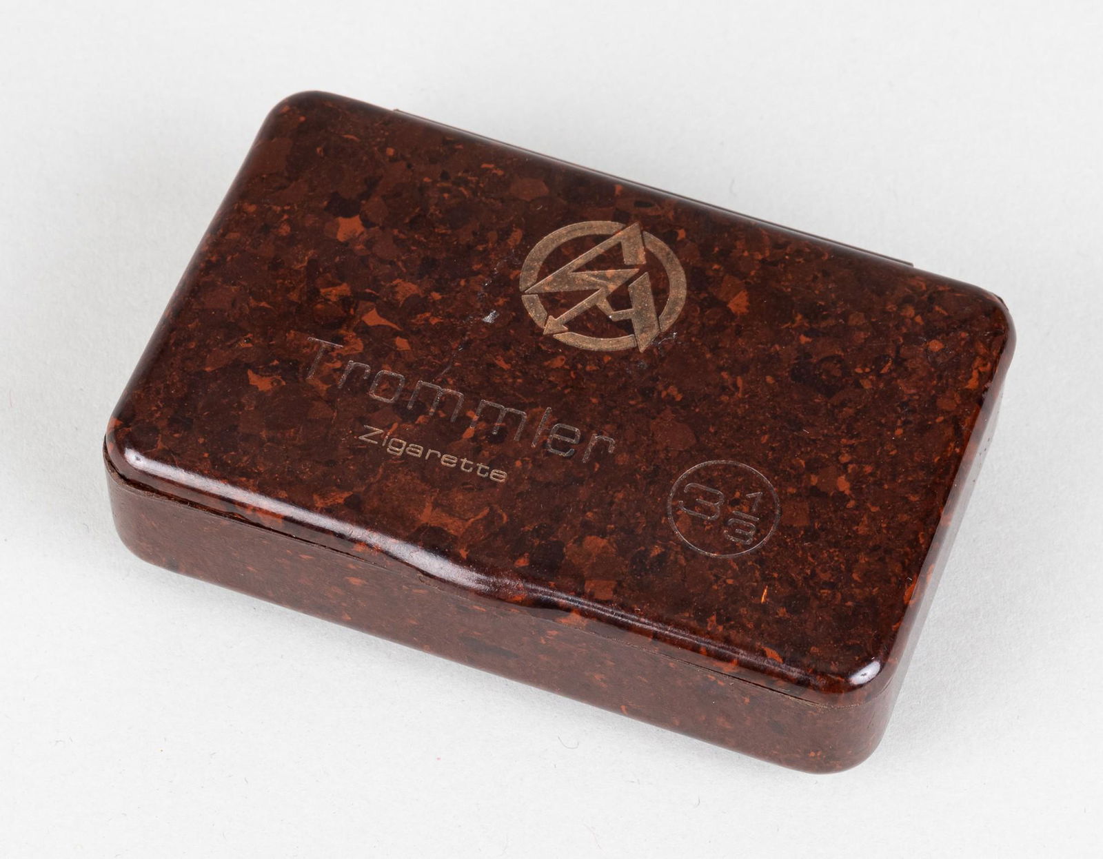 GERMAN SA TROMMLER CIGARRETTE CASE: German SA Bakelite cigarette case from Sturm Cigarette Company, a cigarette company founded by the Nazi Party's SA. The sale of cigarettes helped provide the SA with operating funds. The cigarette cas