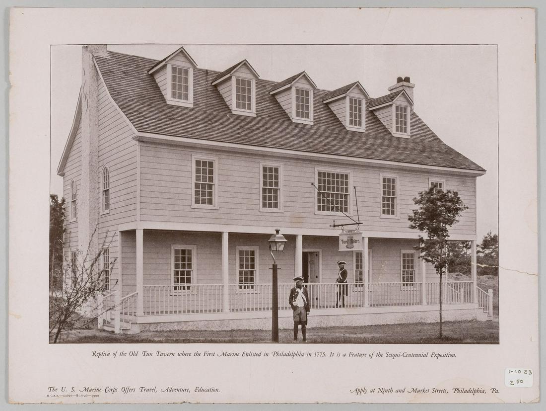 TWO 1926 U.S. MARINE CORPS TUN TAVERN RECRUITMENT POSTERS: Pair of 1926 U.S. Marine Corps recruitment posters showing a replica of the Old Tun Tavern in Philadelphia, Pennsylvania, the birthplace of the U.S. Marine Corps, as noted on the poster it was a featu