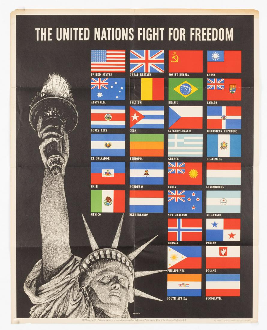 'UNITED NATIONS FIGHT FOR FREEDOM' WWII POSTER: American WWII poster 'United Nations Fight for Freedom', artwork by Steve Broder (1906-1992), OWI Poster No. 19, U.S. Government Printing Office 1942-O-498304, 22 x 28. Mailing folds, tear on bottom l